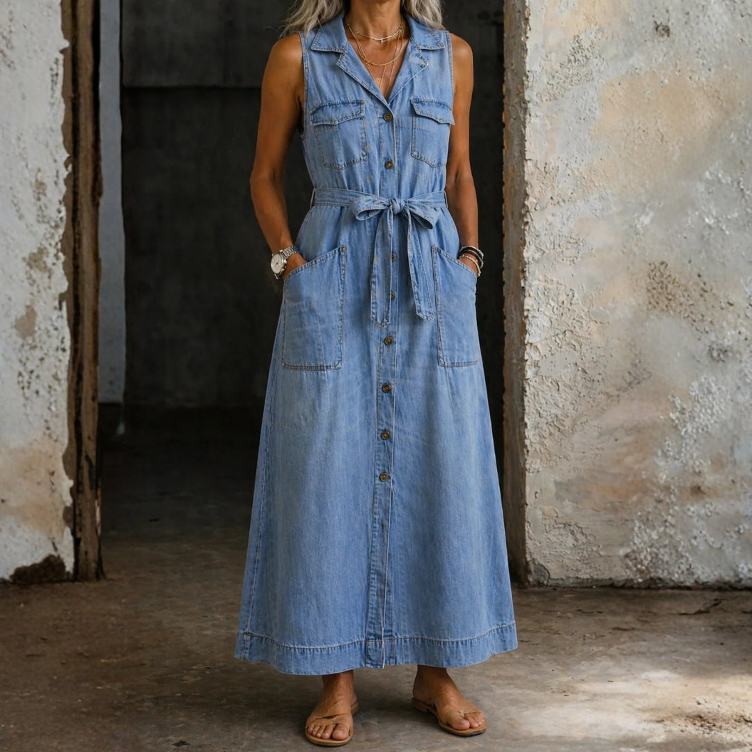 Woman wearing a long sleeveless denim shirt dress with button front