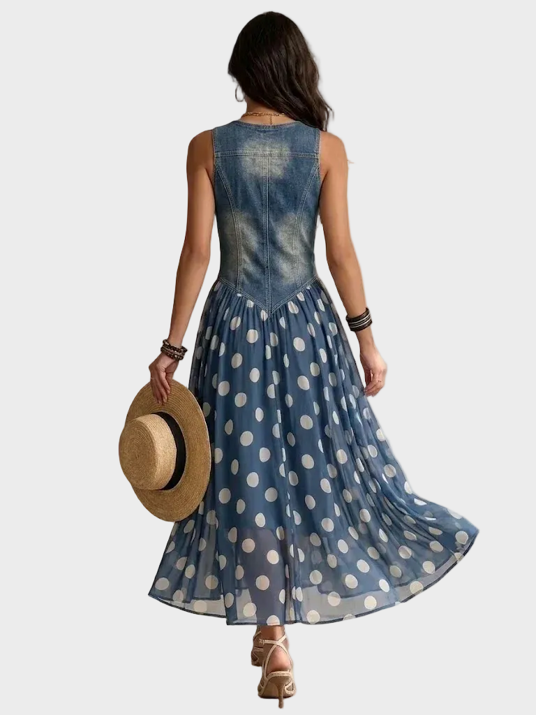 Denim and polka dot chiffon maxi dress