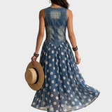 Denim and polka dot chiffon maxi dress