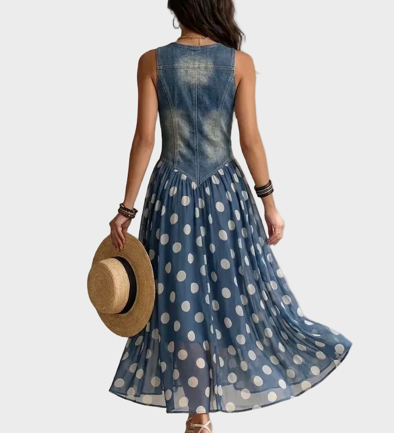 Denim and polka dot chiffon maxi dress