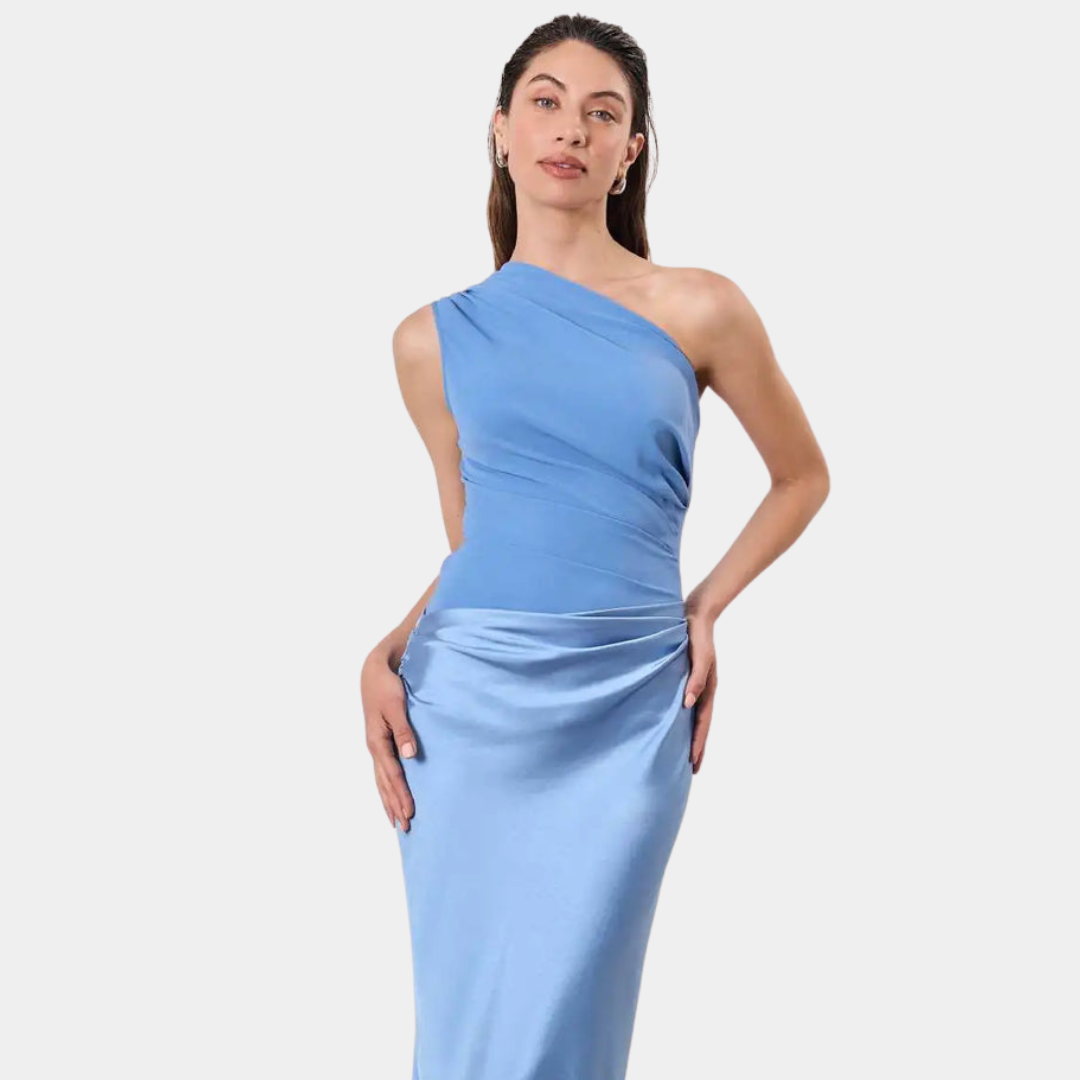 Woman wearing a one-shoulder satin maxi dress