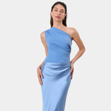 Woman wearing a one-shoulder satin maxi dress