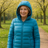 Ocean blue lightweight padded jacket with a feminine fit