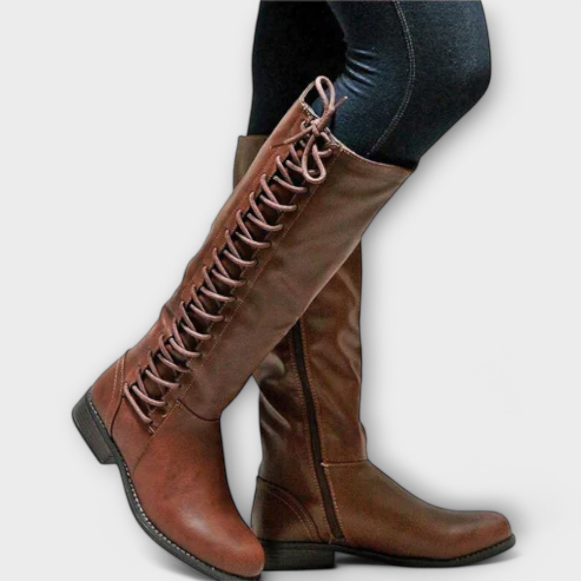 Agnes Lace-Up Knee-High Boots in Dark Brown, side view