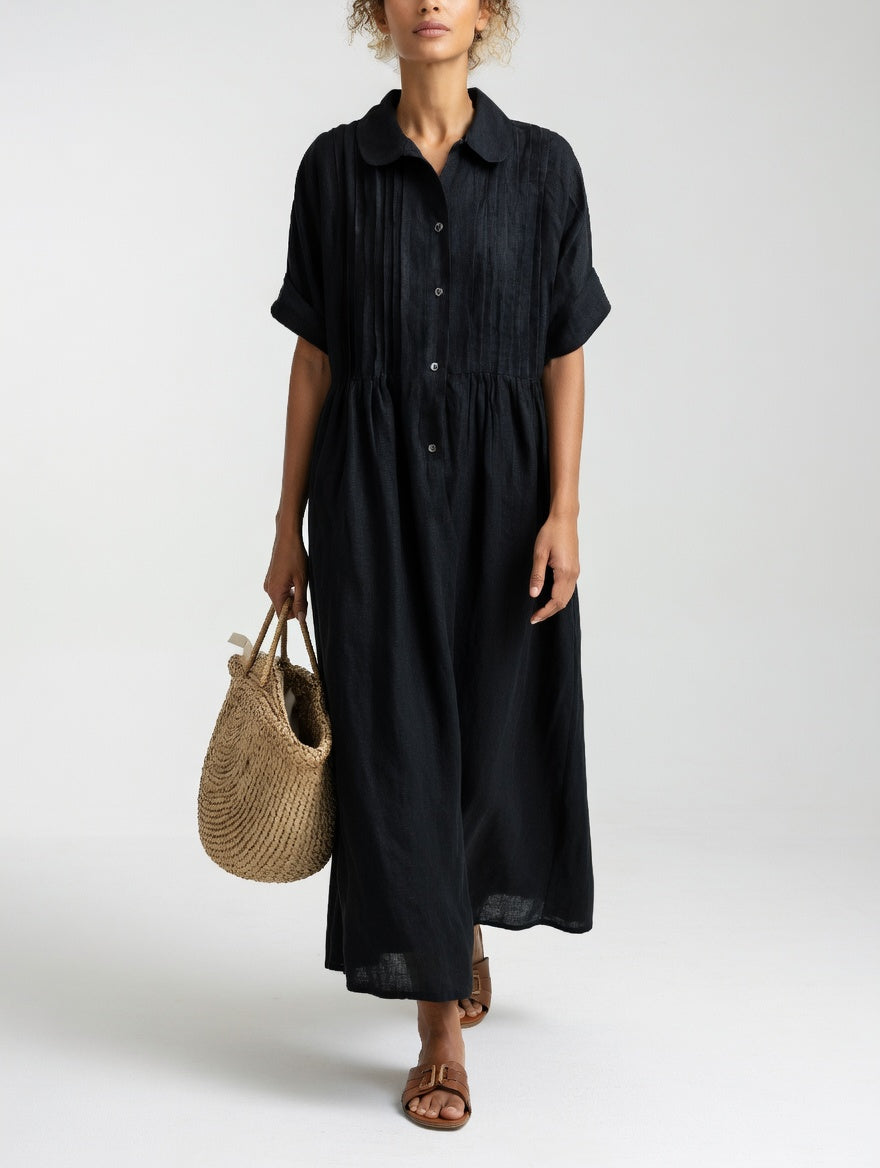 Long cotton shirt dress with button front and collar