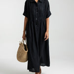 Long cotton shirt dress with button front and collar