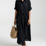 Long cotton shirt dress with button front and collar