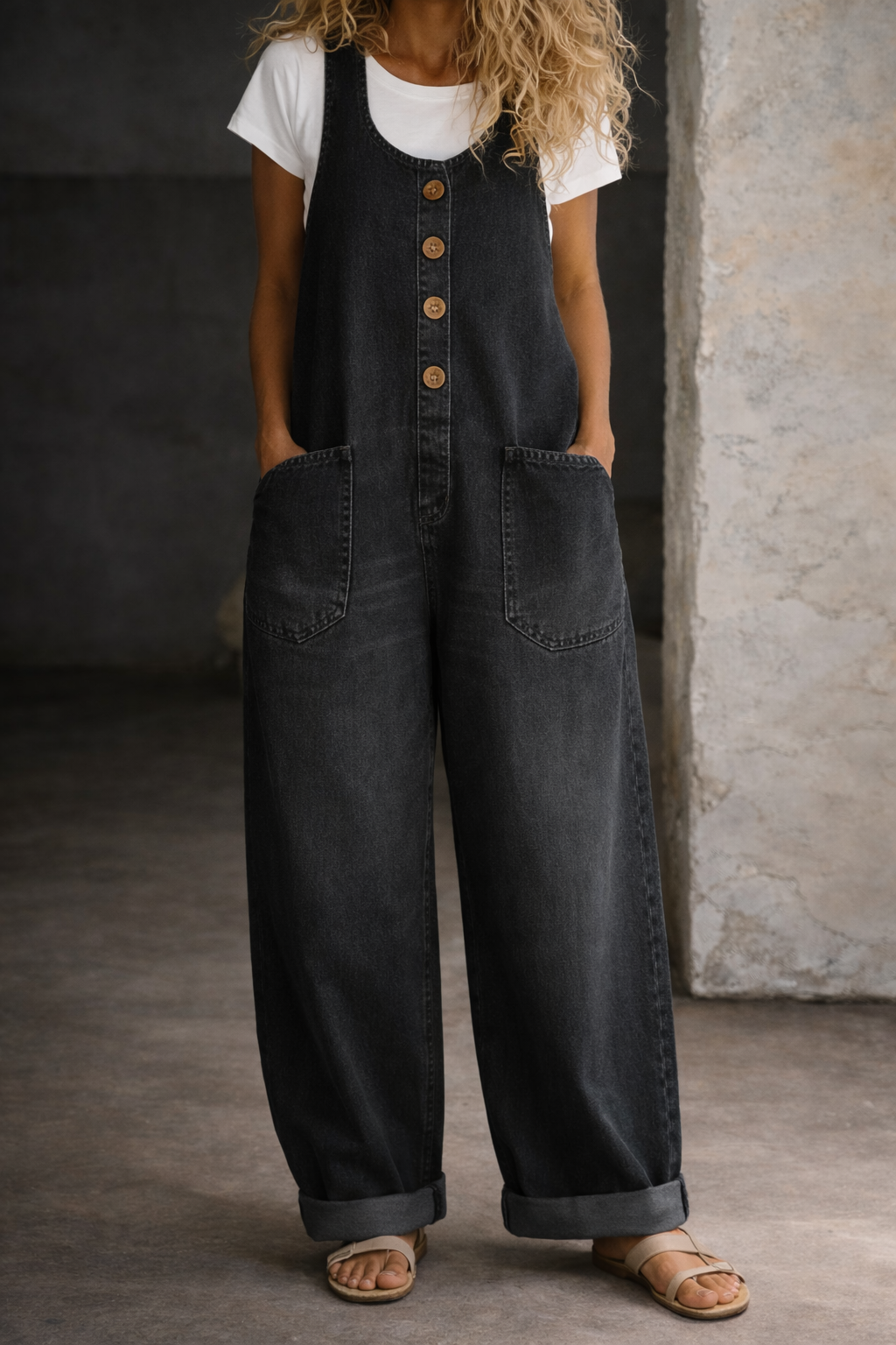 Woman wearing washed cotton dungarees with side pockets