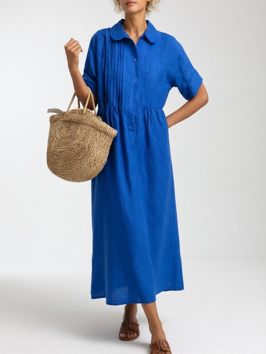 Long cotton shirt dress with button front and collar