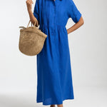 Long cotton shirt dress with button front and collar