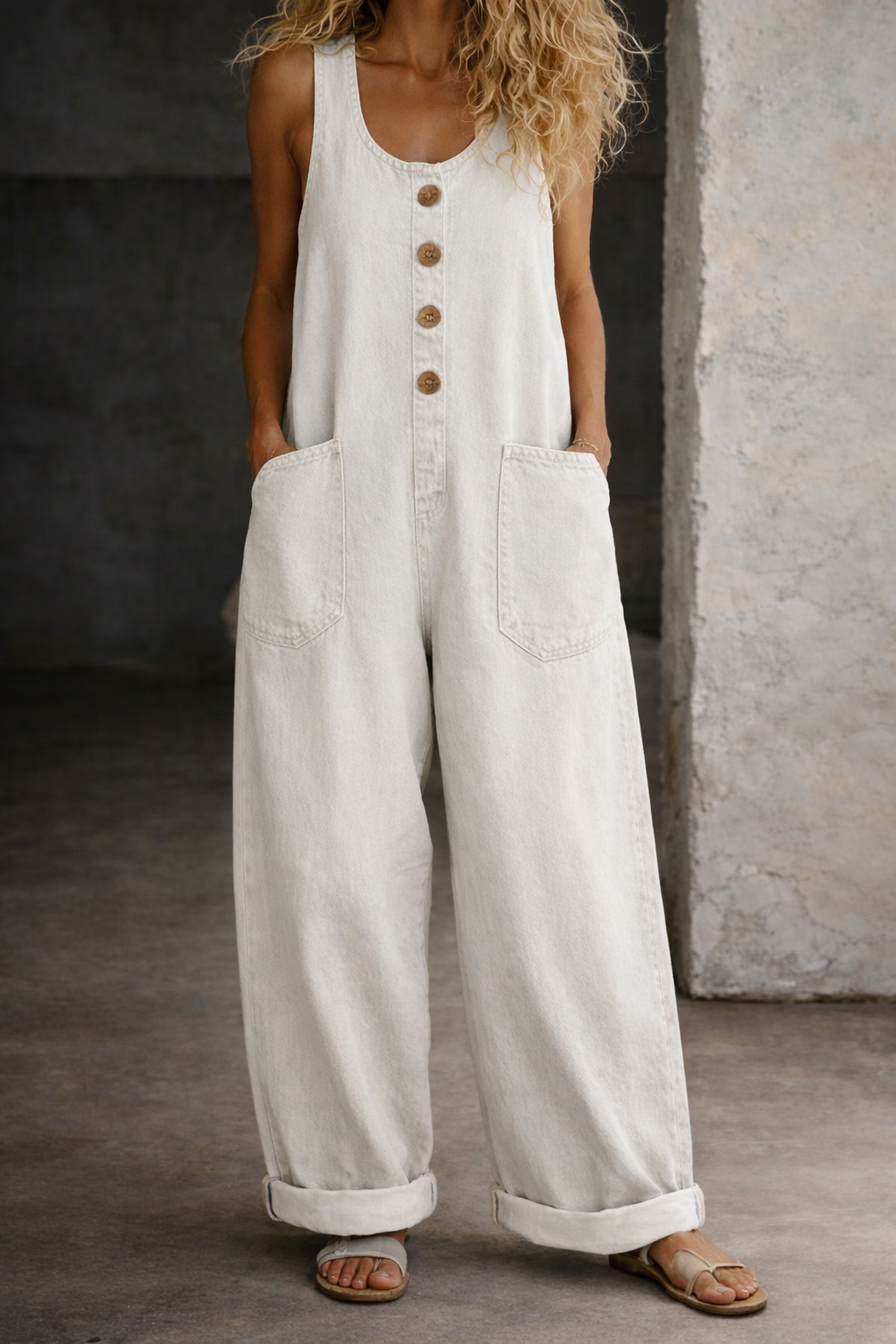 Woman wearing a sleeveless vintage-style cotton jumpsuit with square neckline