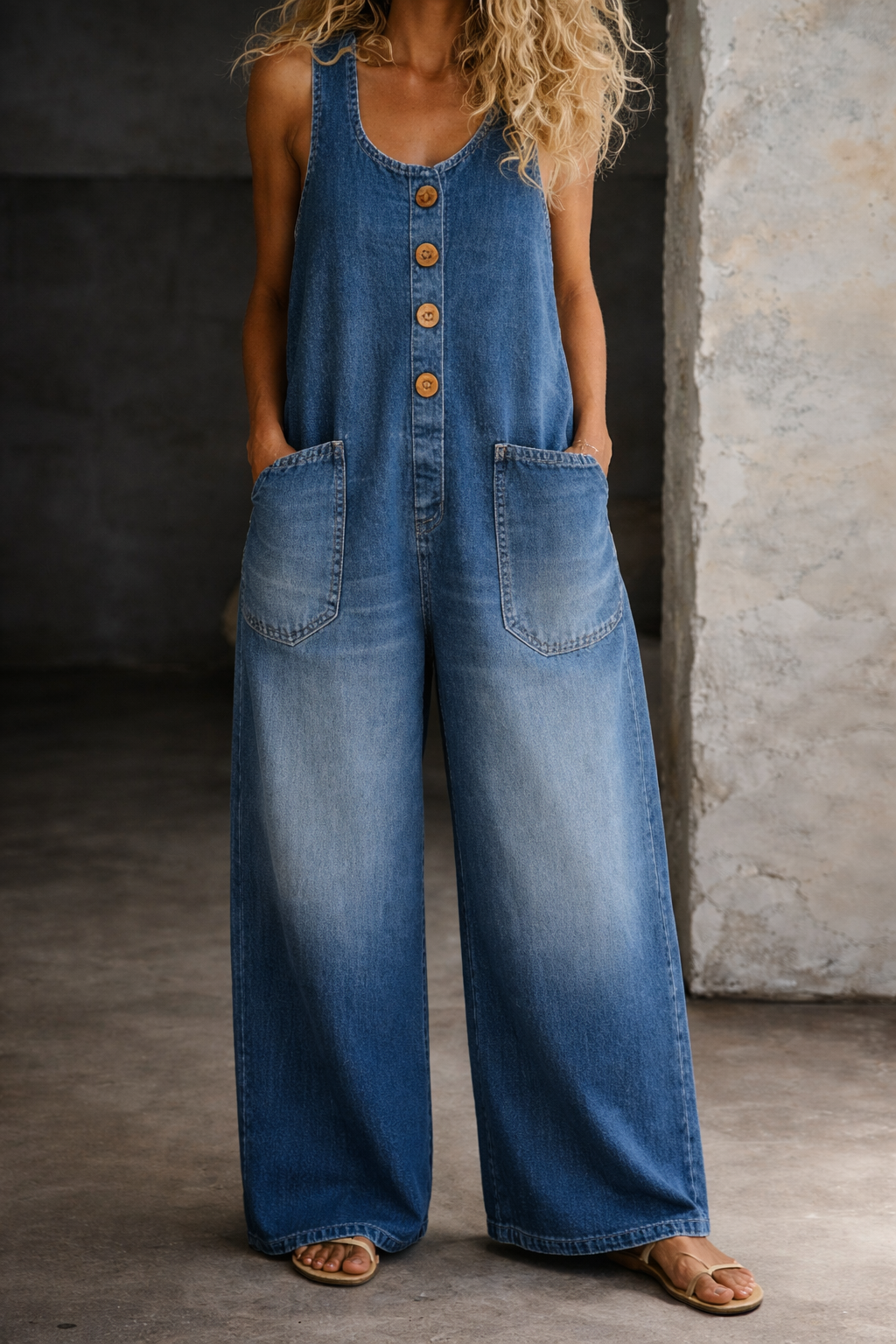 Woman wearing a washed cotton all-in-one with a square neckline