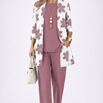 Woman wearing an orchid three-piece cardigan, top and trousers co-ord set