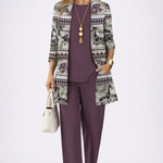 Woman wearing a dark mauve three-piece cardigan, top and trousers co-ord set
