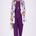 Woman wearing a violet three-piece cardigan, top and trousers co-ord set