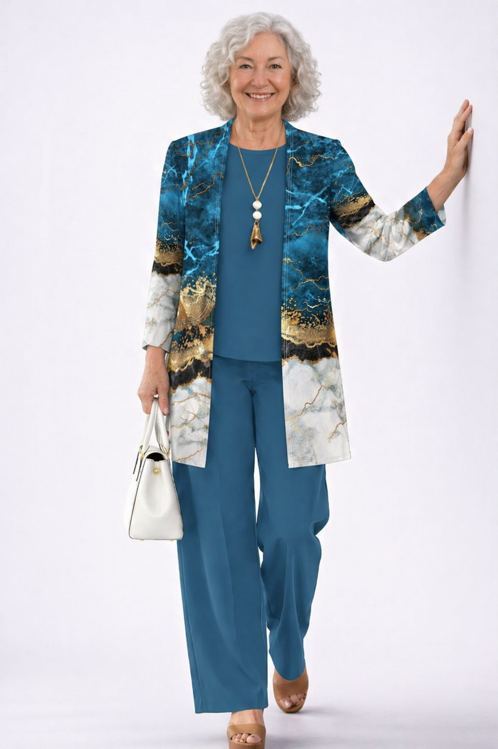 Woman wearing a classic blue three-piece cardigan set with wide-leg trousers