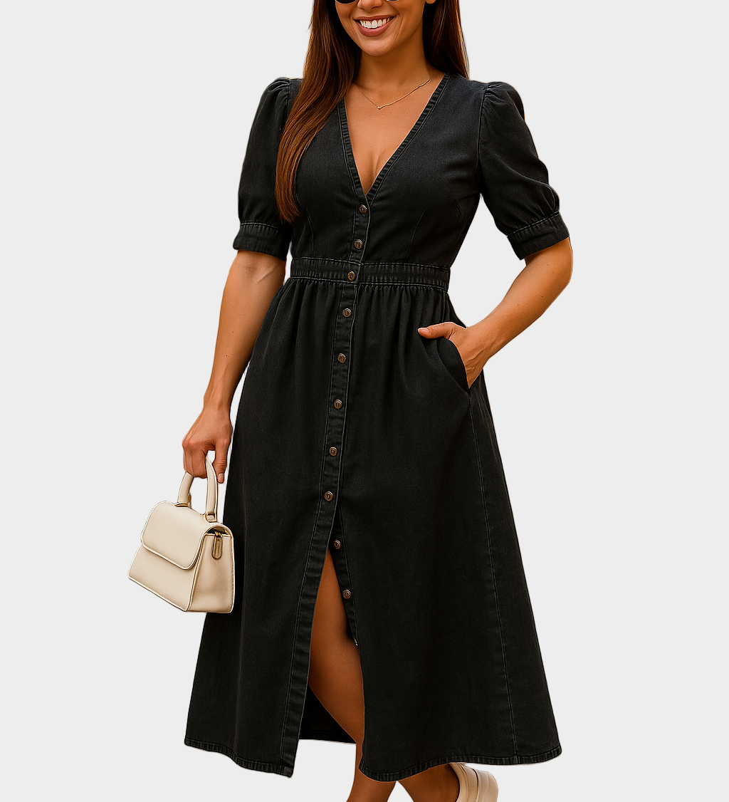 Button-up denim maxi dress with bow sleeves