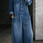 Woman wearing a long-sleeve off-shoulder denim jumpsuit