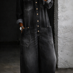 Woman wearing a long-sleeve off-shoulder denim jumpsuit