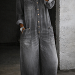 Woman wearing a long-sleeve off-shoulder denim jumpsuit
