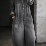 Woman wearing a long-sleeve off-shoulder denim jumpsuit