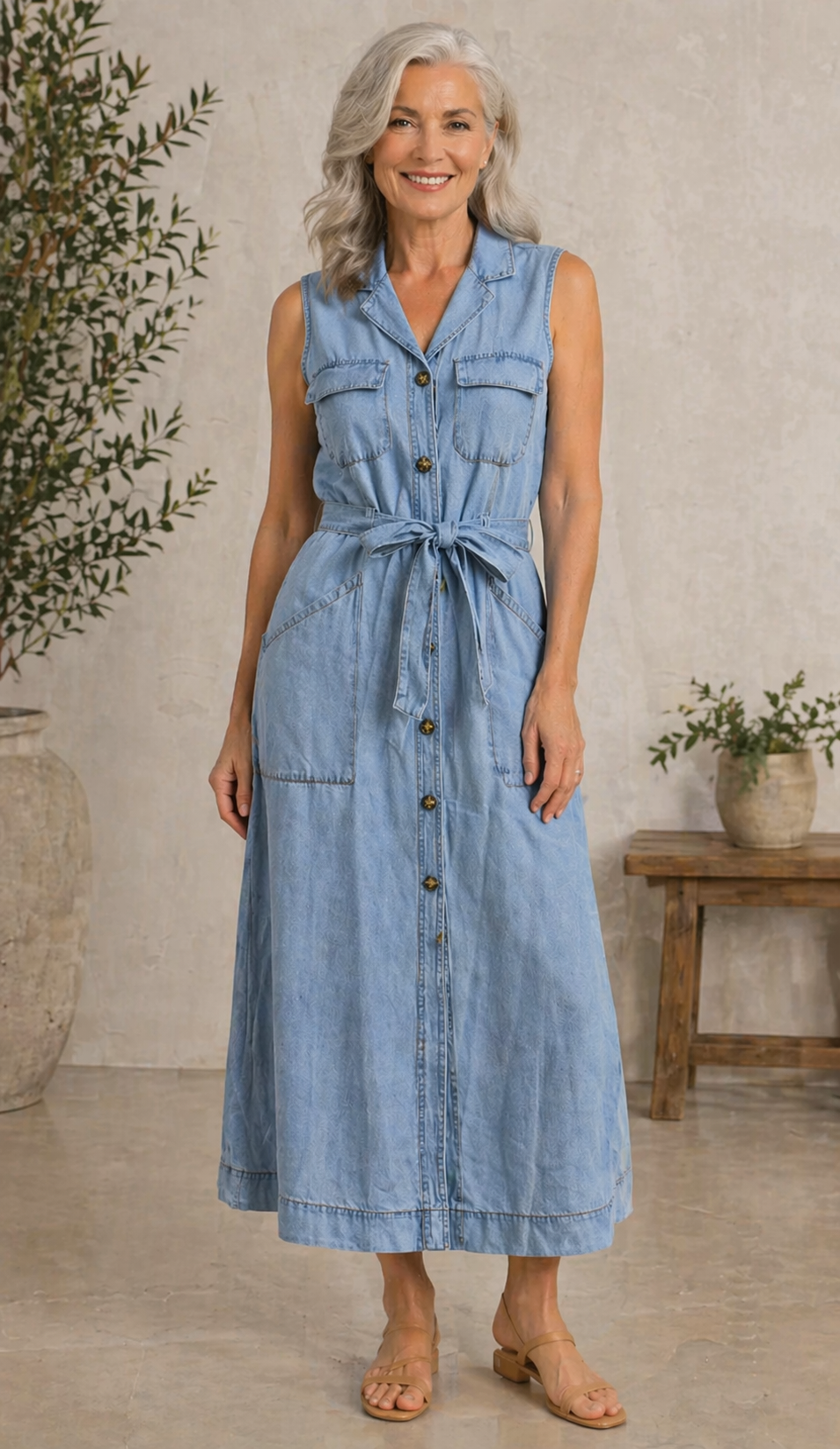 Woman wearing a long sleeveless denim shirt dress with button front