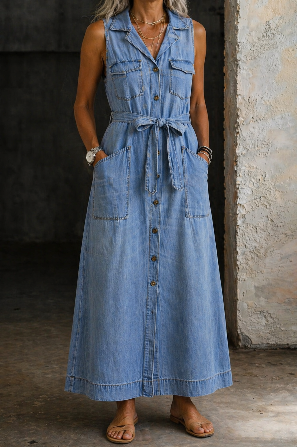 Woman wearing a long sleeveless denim shirt dress with button front