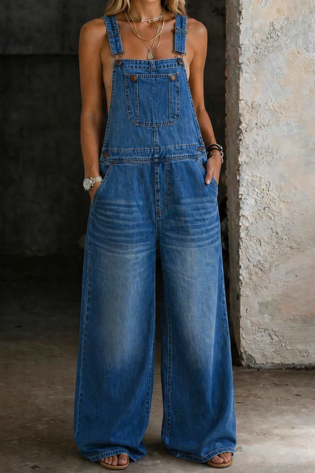 Woman wearing an elastic-waist denim all-in-one with a Peter Pan collar