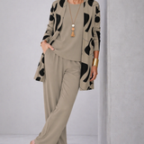 Woman wearing a khaki three-piece cardigan set with wide-leg trousers