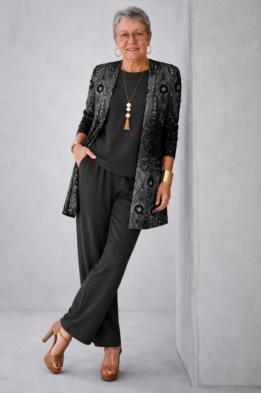Woman wearing a black three-piece cardigan set with wide-leg trousers