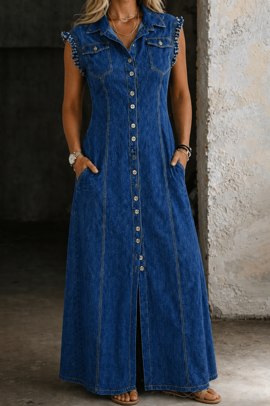 Woman wearing a plus-size sleeveless denim shirt dress