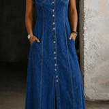 Woman wearing a plus-size sleeveless denim shirt dress