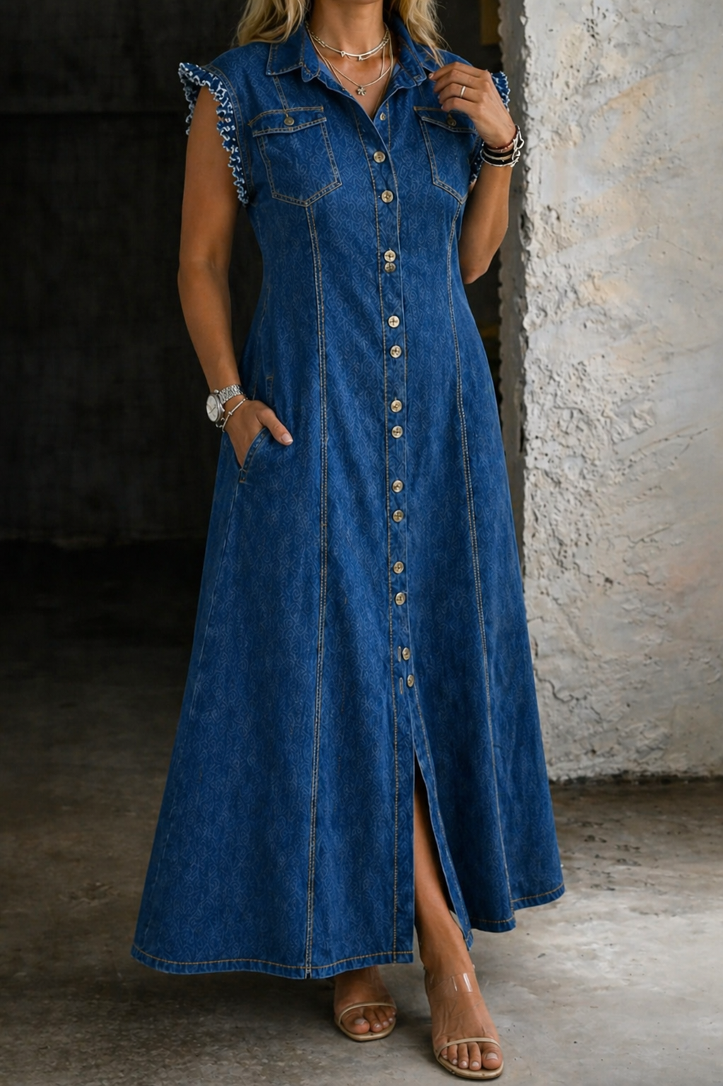 Woman wearing a plus-size sleeveless denim shirt dress
