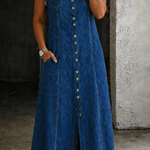 Woman wearing a plus-size sleeveless denim shirt dress