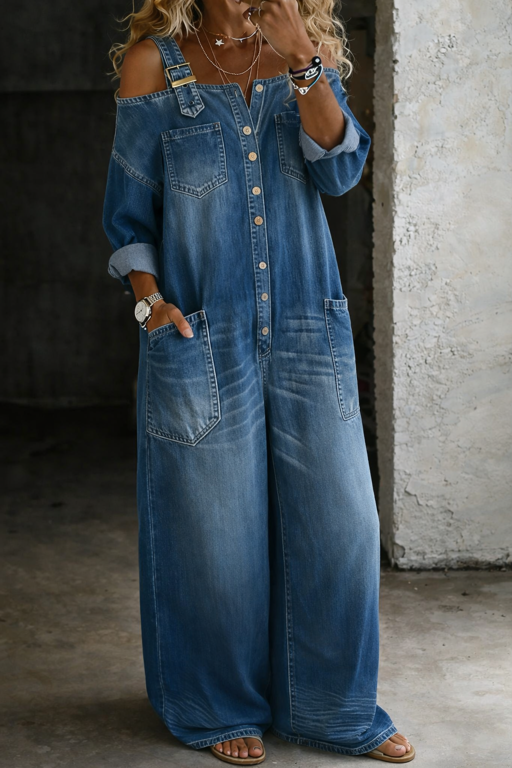 Woman wearing an off-shoulder denim jumpsuit