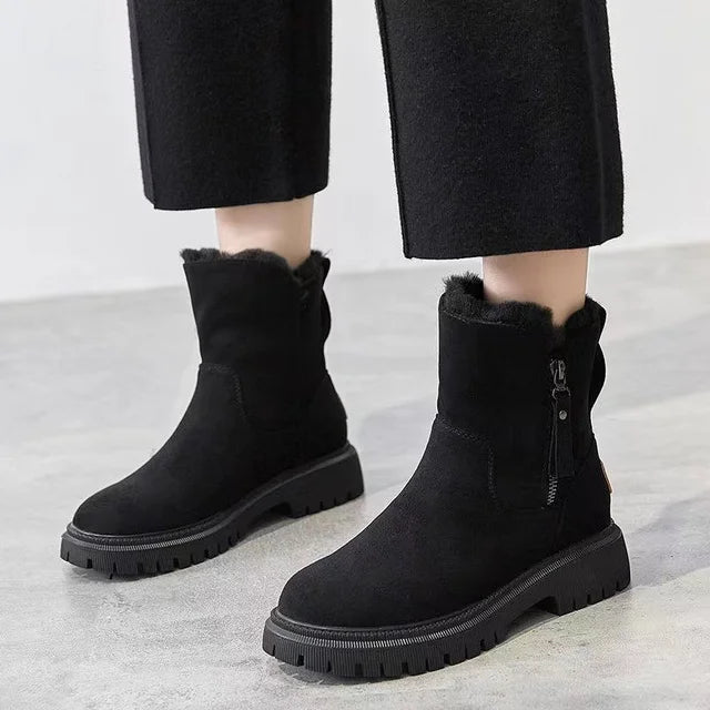 Nora Fur-Trimmed Suede Winter Boots in Apricot, worn on model showing fur collar