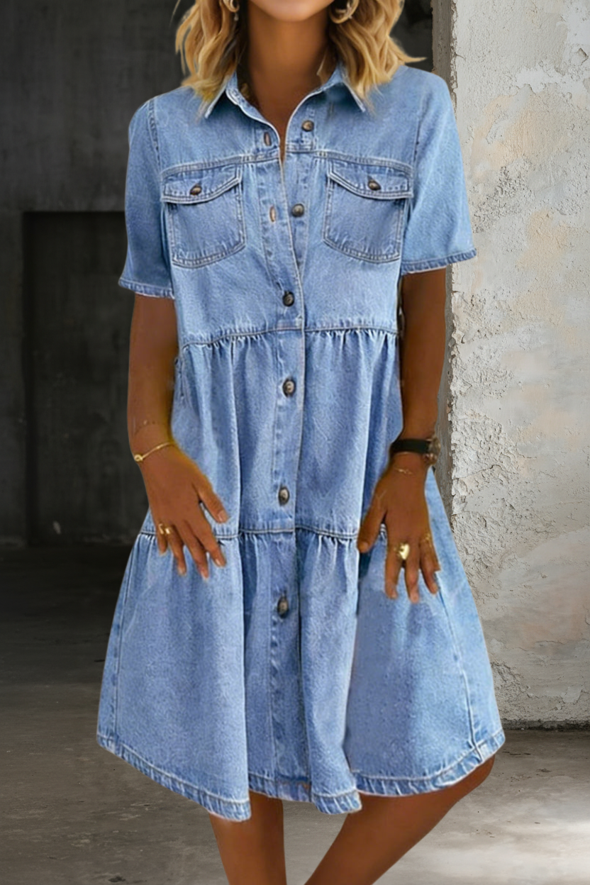 Woman wearing a casual denim midi dress