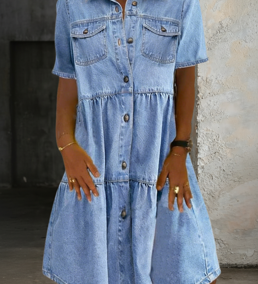 Woman wearing a casual denim midi dress