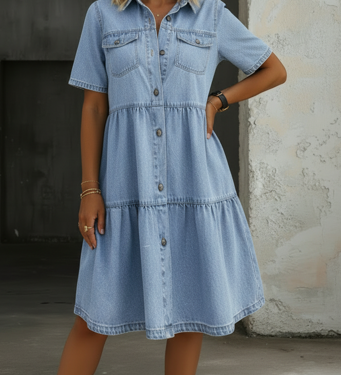 Woman wearing a casual denim midi dress
