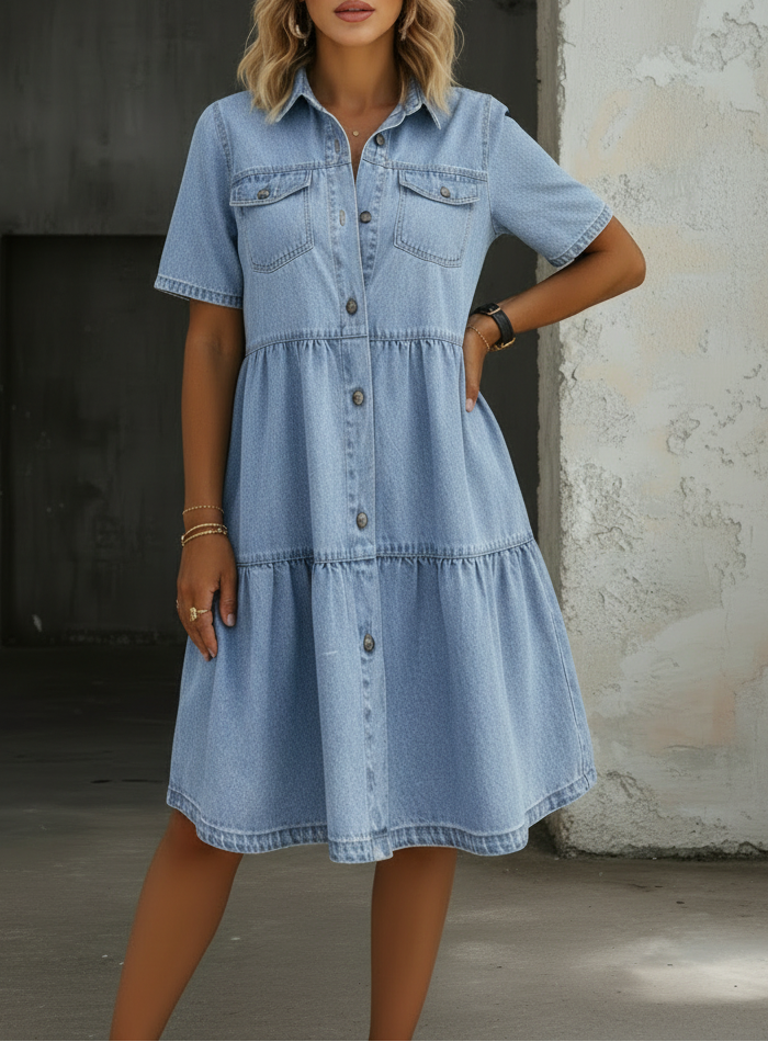 Woman wearing a casual denim midi dress