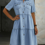 Woman wearing a casual denim midi dress
