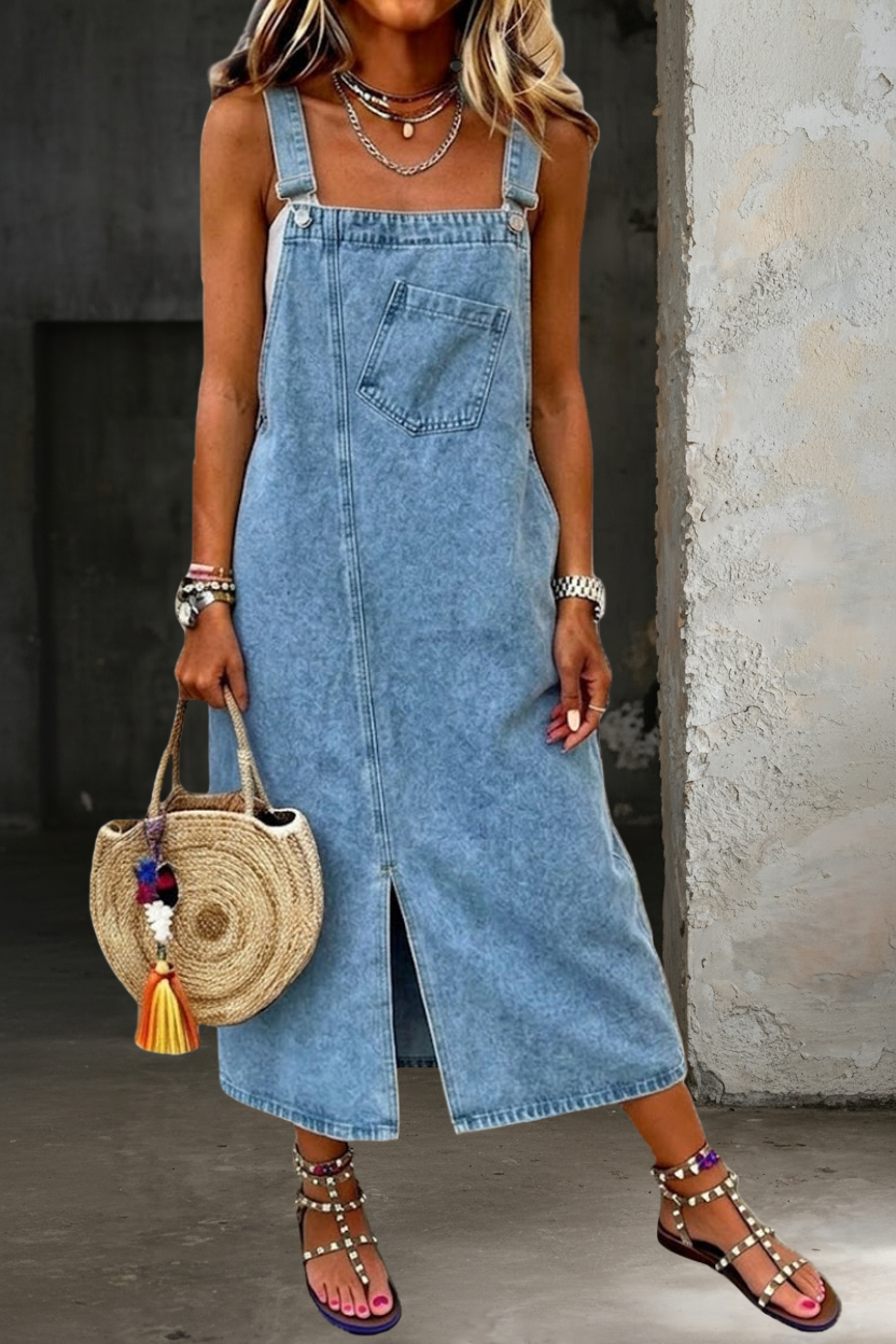 Woman wearing a strappy denim dress