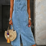 Woman wearing a strappy denim dress