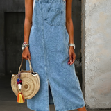 Woman wearing a strappy denim dress