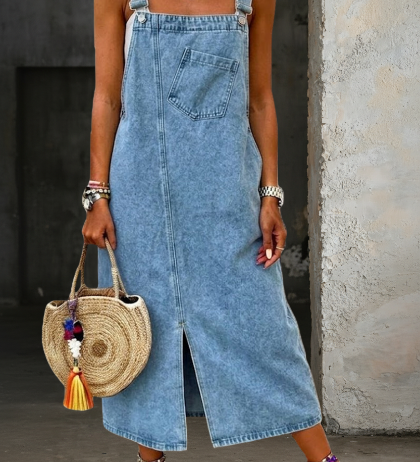 Woman wearing a strappy denim dress