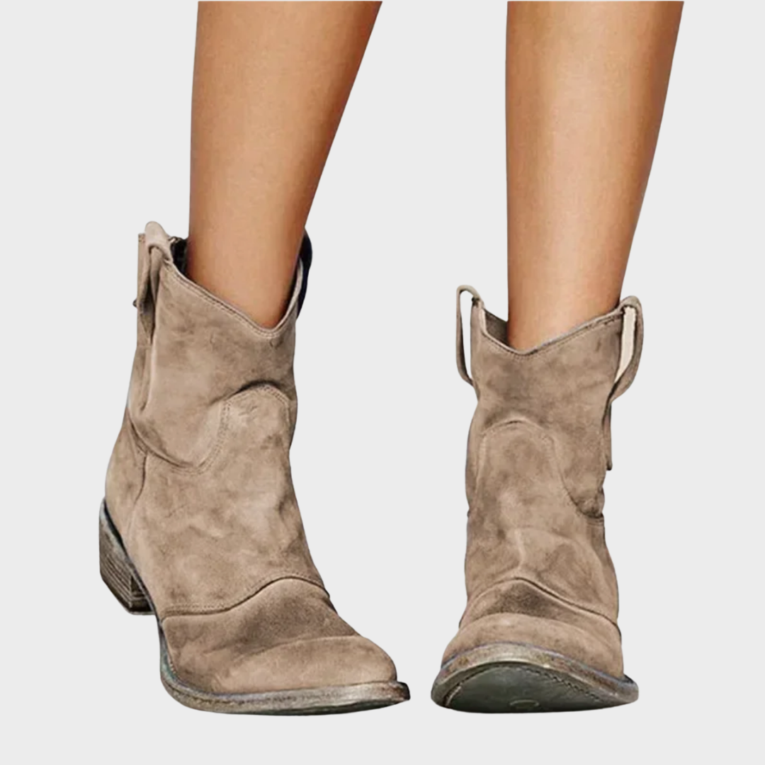 Hazel western-style suede ankle boots in Brown, front view on model