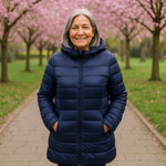 Navy blue long padded jacket with a removable hood