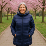 Navy blue long padded jacket with a removable hood