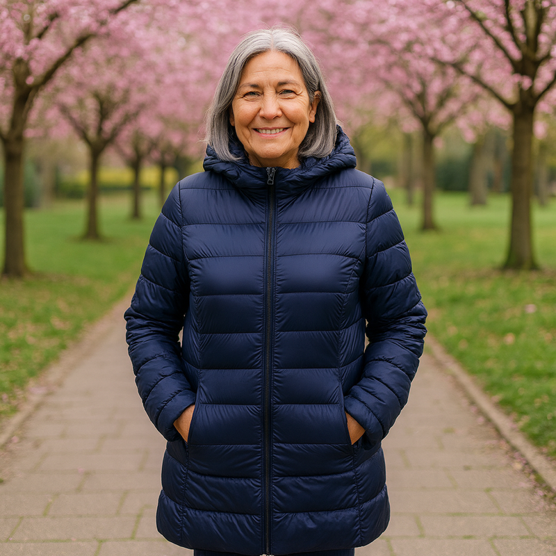 Navy blue long padded jacket with a removable hood