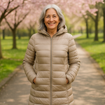 Woman wearing a champagne long padded jacket